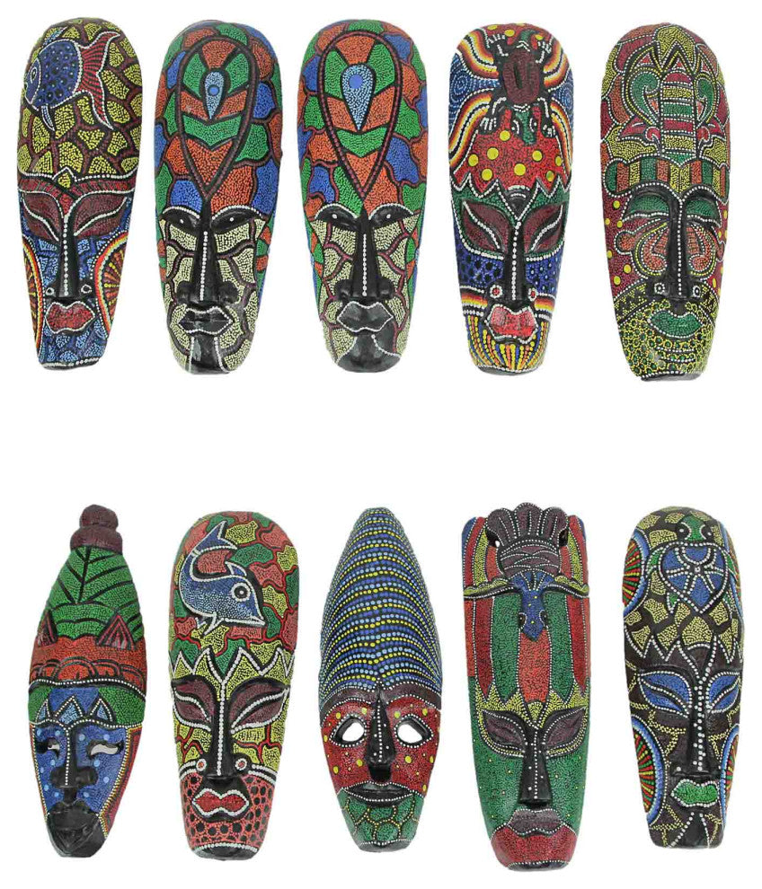 Set of 10 Hand Carved Tropical Dot Painted Tribal Masks 12 Inch Wall Decor