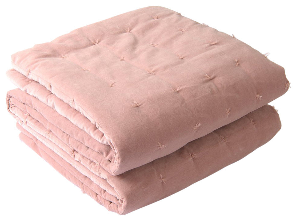 Velvet and Cotton Tasseled Quilt, Pink, Twin