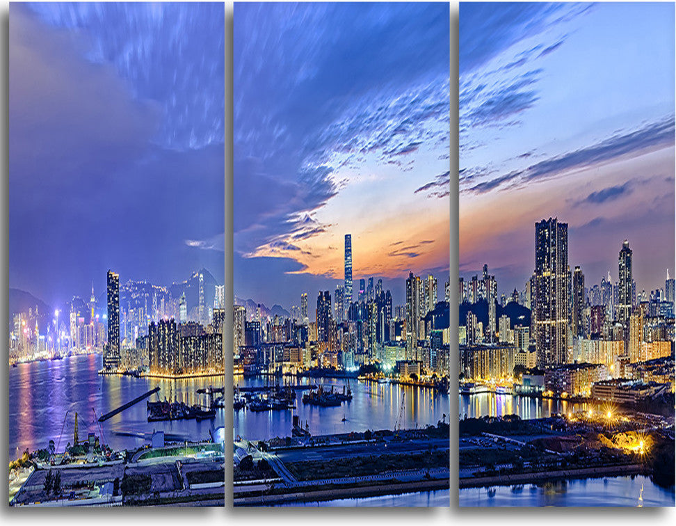 "Hong Kong City Sunset Panorama" Metal Wall Art, 3 Panels, 36"x28"