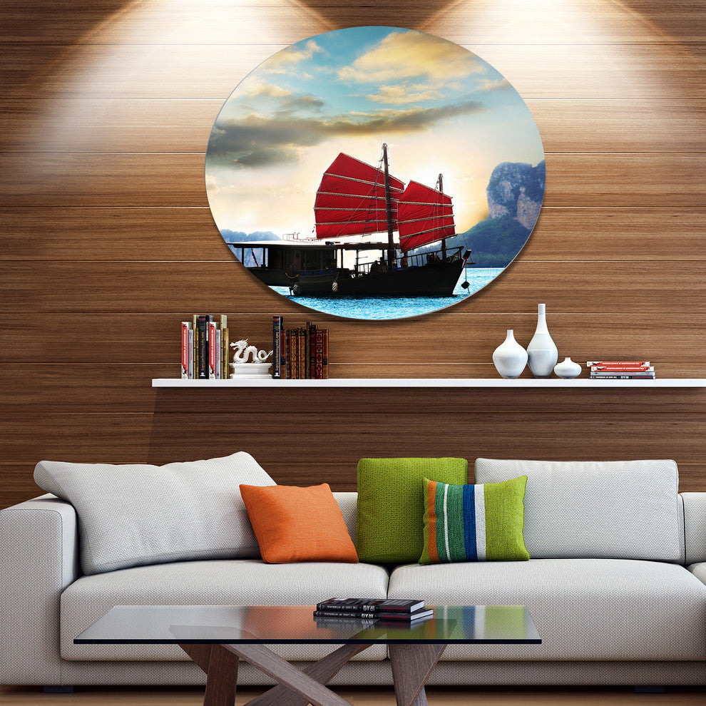 Chinese Sailing Ship, Seashore Round Metal Wall Art, 11"