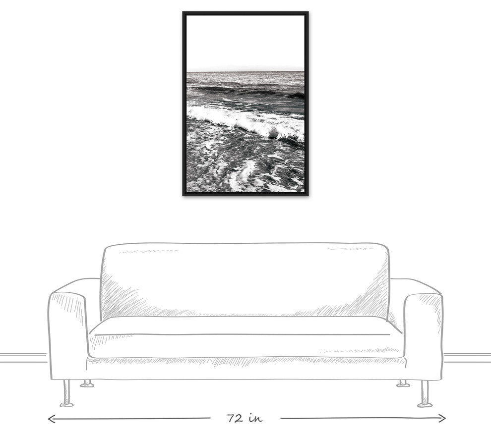 Black and White Ocean Waves 24x36 Black Floating Framed Canvas
