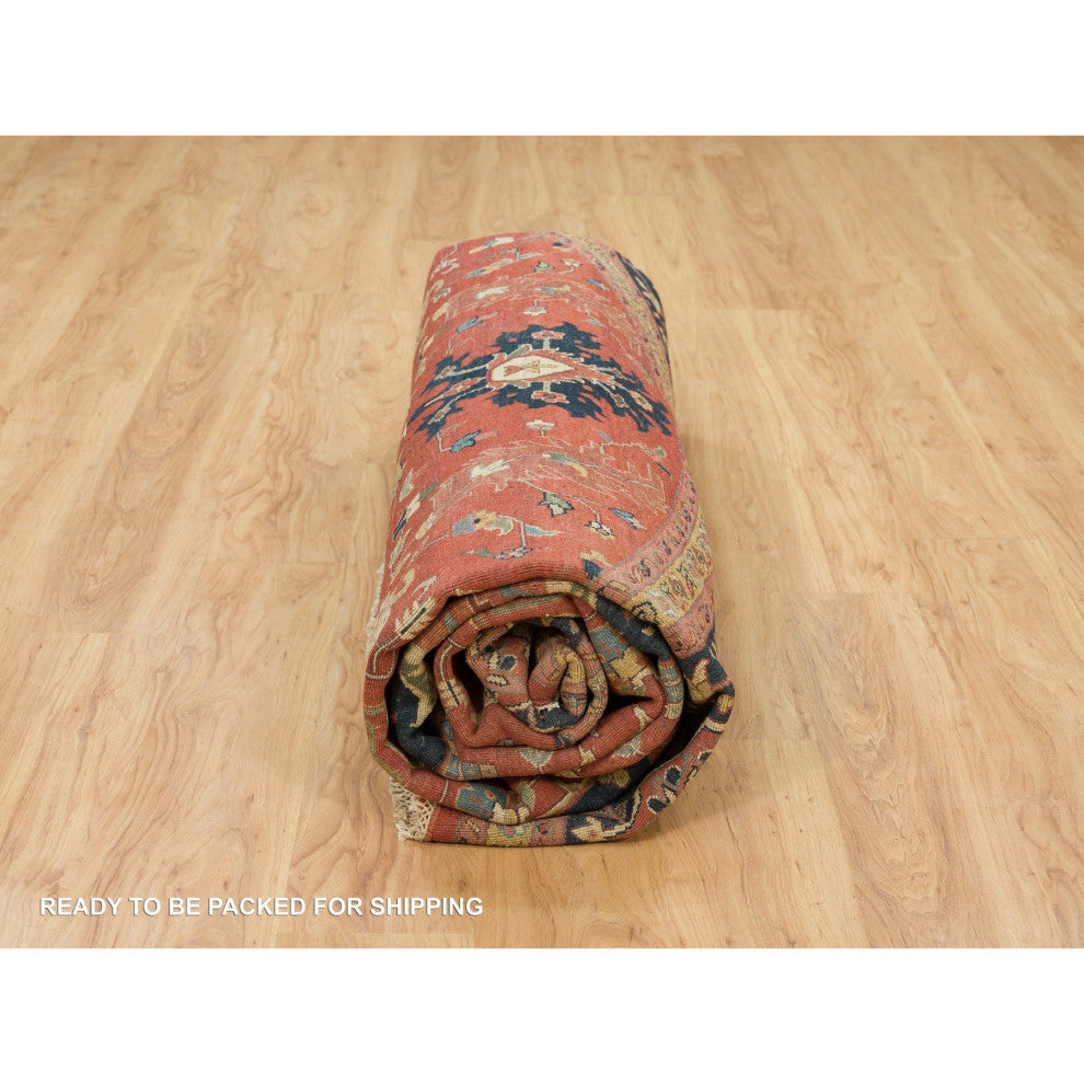 Red Hand Knotted Antiqued Fine Heris Re-Creation Wool Round Rug 11'10"x11'10"