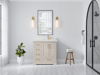 Boston 36" Right Offset Bath Vanity in Fine Grain 2" Calacatta Nuvo