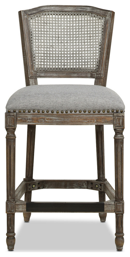 Triomphe 26.5" Oak Rattan Wicker Counter Stool, Heathered Gray Linen