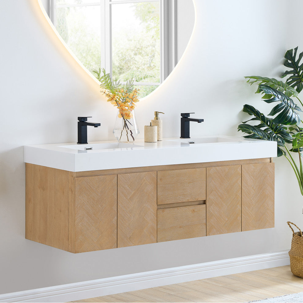 Siena Wall-mounted Single Bath Vanity, Light Brown, 60inch, No Mirror