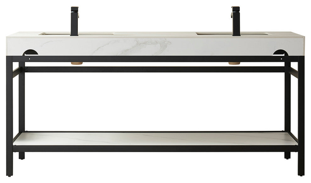 Funes Bath Vanity with Mirror, Matte Black Support, 72" Double Sink, White Stone Top