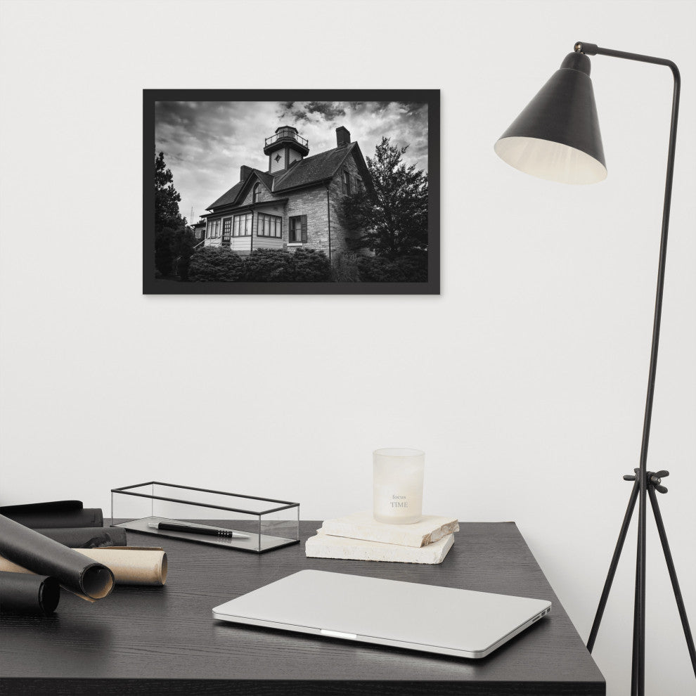 Cedar Point Lighthouse in Black and White Framed Photo Paper Wall Art Prints, Black, 12" X 18"