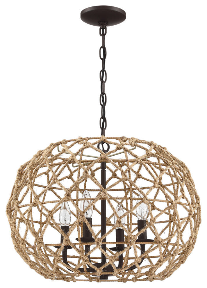 20" W 4-Light Natural Jute Rope Woven Globe Pendant Light With Brown Canopy