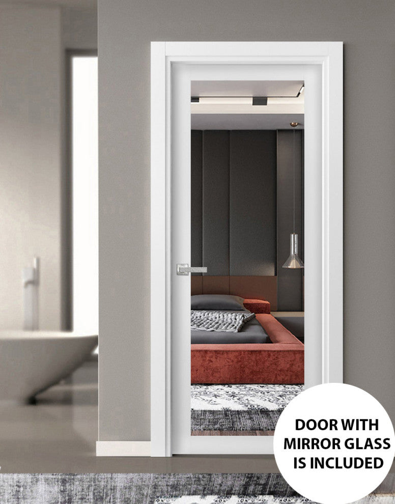 Slab Barn Door 28 x 80, Lucia 1299 White & Mirror, Sliding