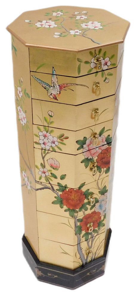 Asian Gold Leaf Lacquer Painted Pedestal With Drawers