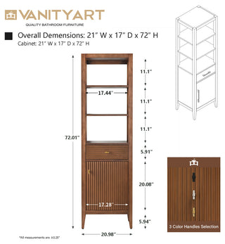 Vanity Art 21" Freestanding Linen Cabinet, Linear Walnut, Matte Black Handle