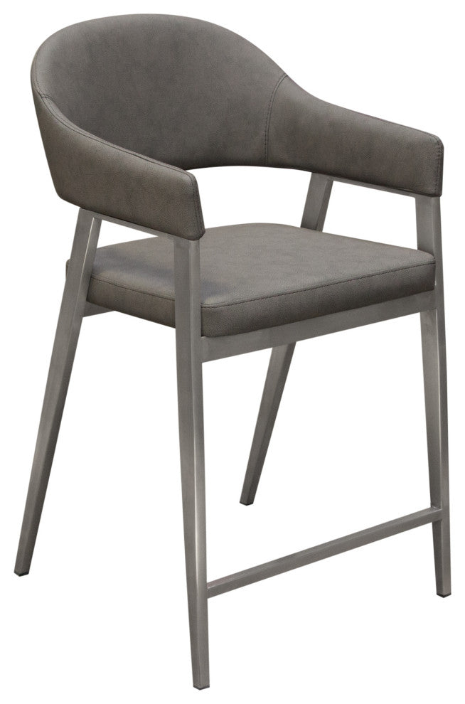 Counter Height Chairs, Set of 2, Gray Leatherette, Brushed Steel Leg