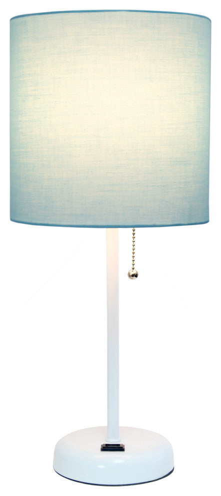 Limelights White Stick Lamp With Charging Outlet and Fabric Shade