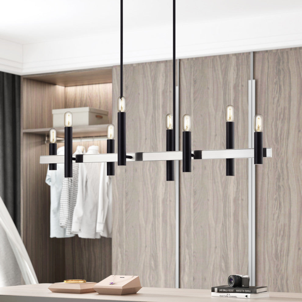 Helsinki 8-Light Black Extra Large Linear Chandelier with Brushed Nickel Accents