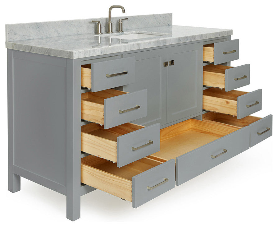 ARIEL Cambridge 61" Single Rectangle Sink Bathroom Vanity Grey With Marble Top