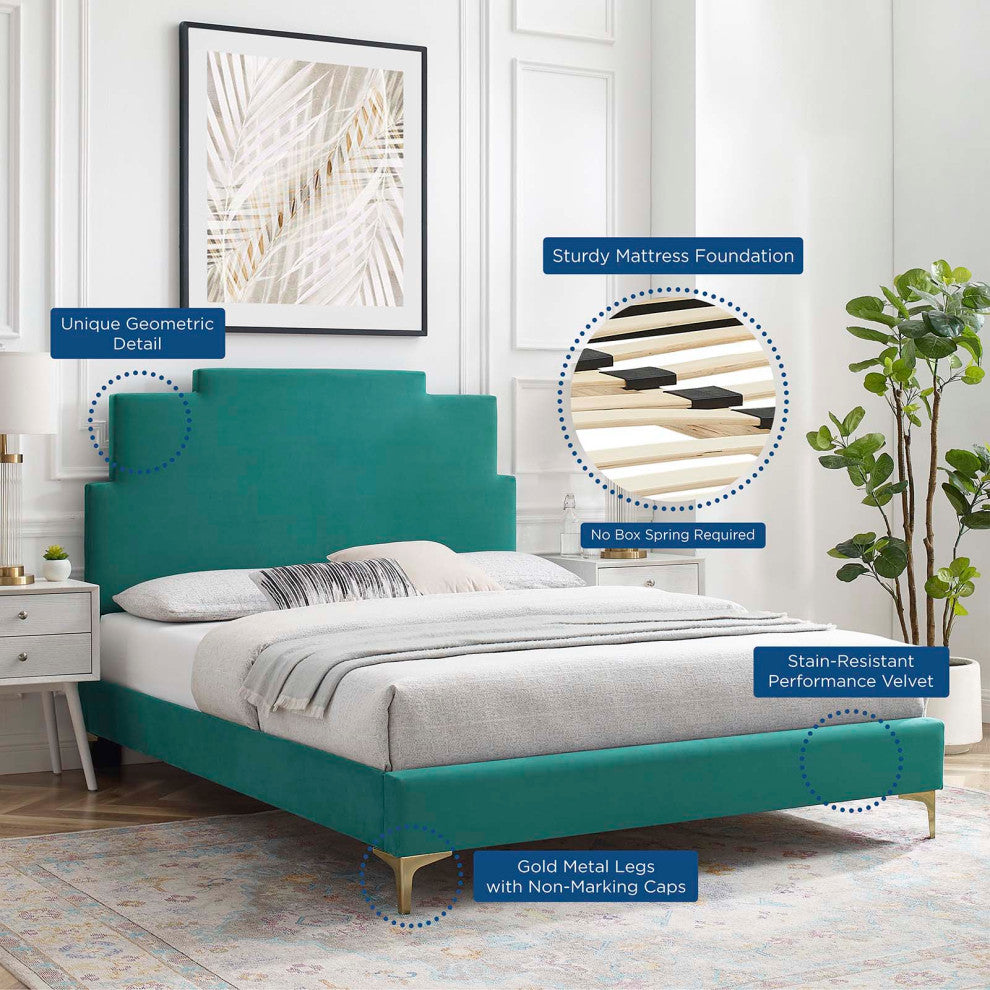 Platform Bed Frame, Queen Size, Velvet, Teal Blue, Modern Contemporary, Bedroom