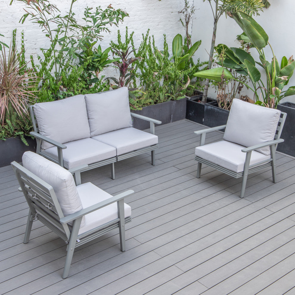 LeisureMod Walbrooke 3-Piece Patio Set With Gray Aluminum Frame and Cushions, Light Grey