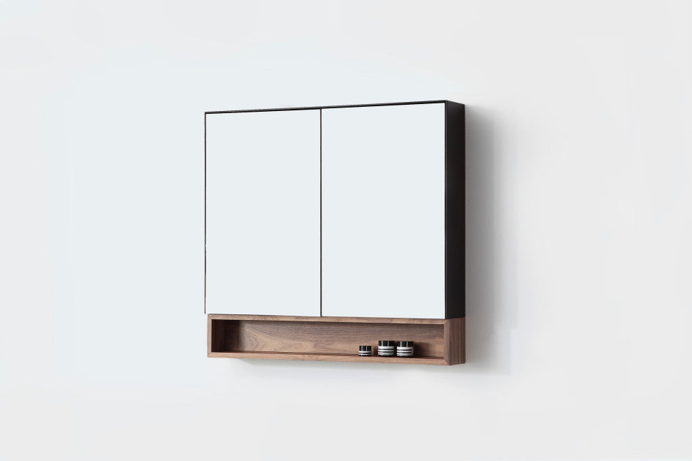 Bergen Modern Medicine Cabinet, Matte Black Frame, Walnut Shelf, 36"