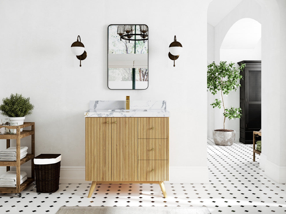 Pasadena 36" Center Sink Bath Vanity, Light Natural Teak 2" Calacatta Poanazzo