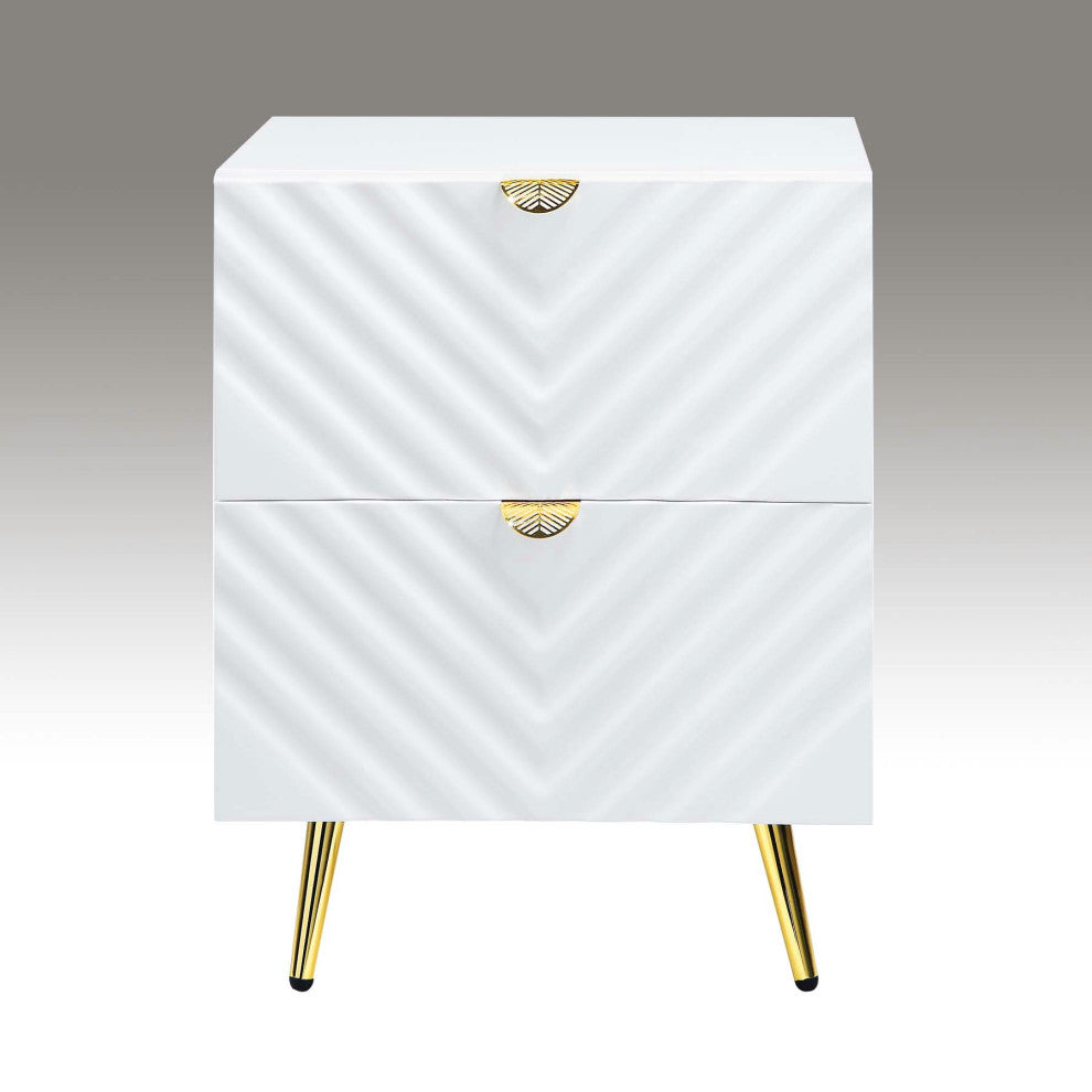 High Gloss Finish Nightstand With 2 Drawers, White