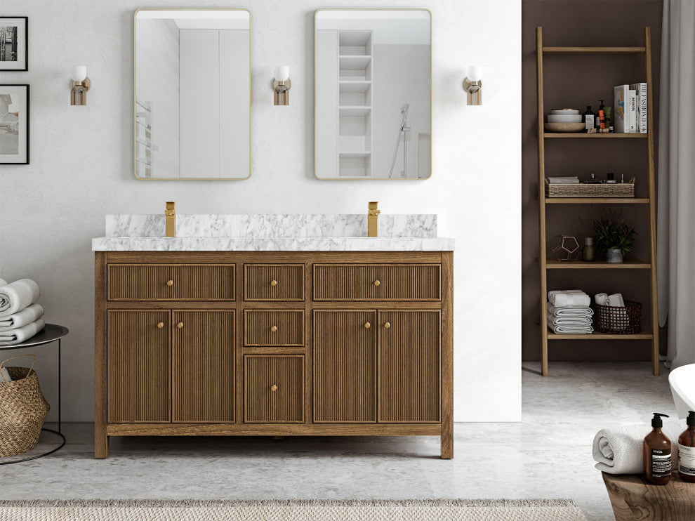 Sonoma Teak 60 Double Bathroom Vanity in Dark Natural with 2" Carrara Marble
