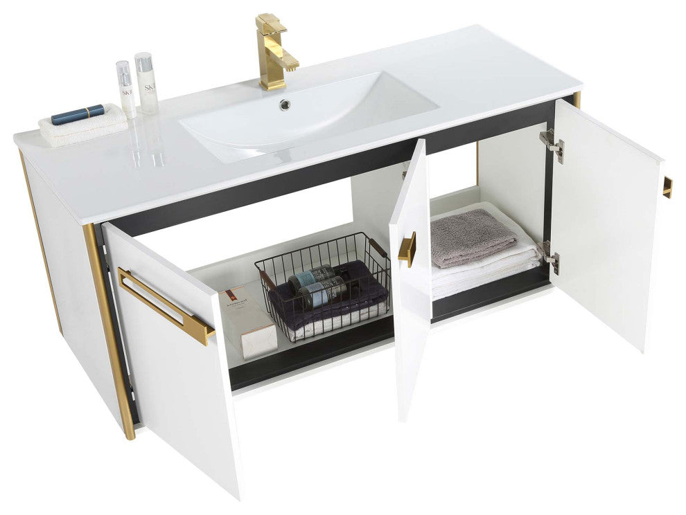 Oakville Wall Mount Bathroom Vanity, White Matte, 48", Satin Brass Hardware