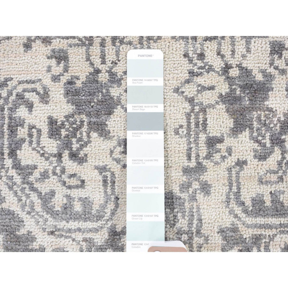 Ivory Hand Knotted Wool and Silk Geometric Mughal Design Oriental Rug, 7'9"x10'
