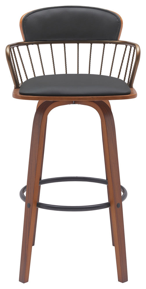 Willow 25.5" Swivel Walnut Wood Counter Stool, Black Faux Leather Bronze Metal, 30