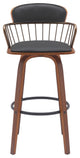 Willow 25.5" Swivel Walnut Wood Counter Stool, Black Faux Leather Bronze Metal, 30