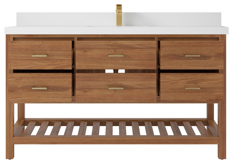 Parker Teak 60" Single Sink Bath Vanity in Golden Teak 2" White Quartz