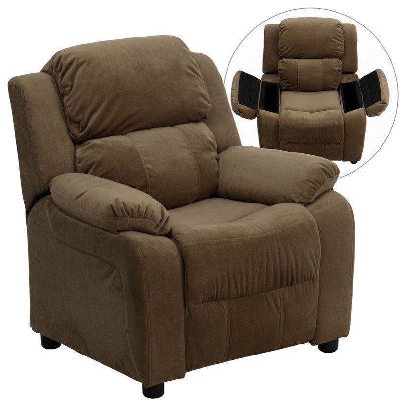 Deluxe Padded Contemporary Brown Microfiber Kids Recliner With Storage Arms