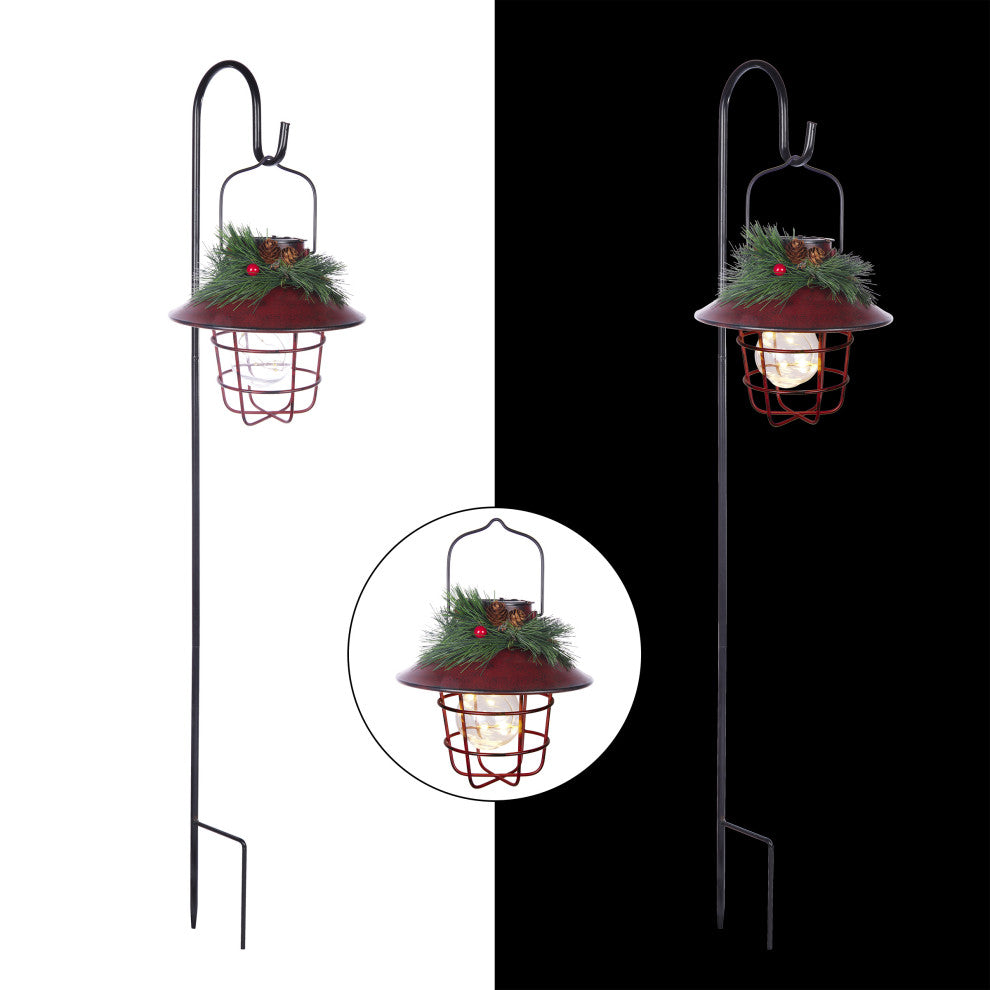 Metal Lantern w/ Shepherd's Hook and Warm White LED, Red