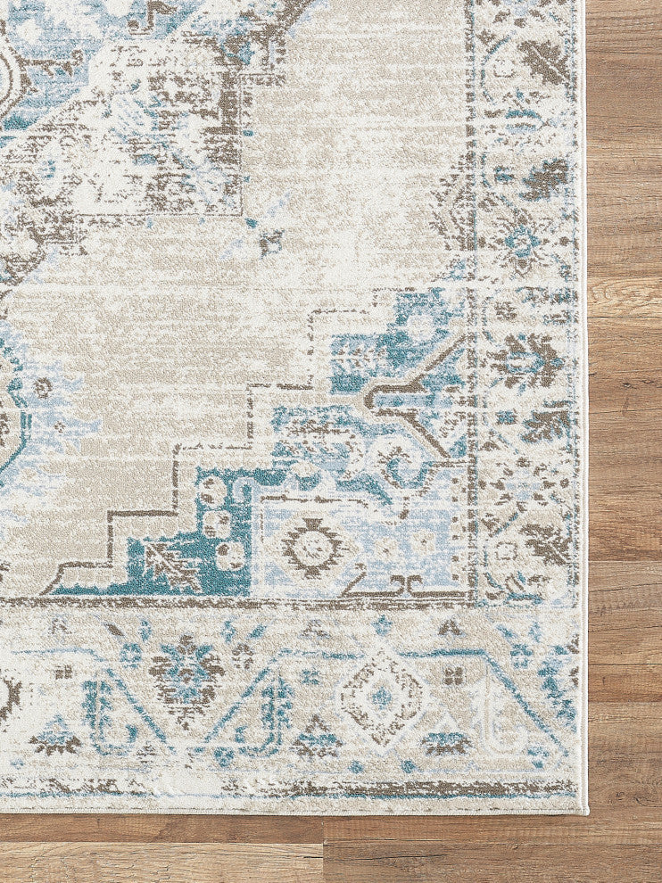 Abani Urbana URB120A Traditional Distressed Ivory and Light Blue Area Rug