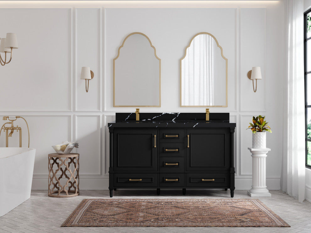 Aberdeen 60 Double Bathroom Vanity In Black 2" Calacatta Black