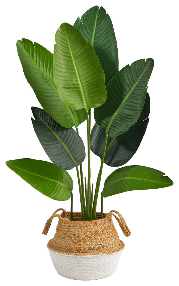 4' Travelers Palm Faux Tree Boho Chic Handmade Cotton & Jute White Woven Planter
