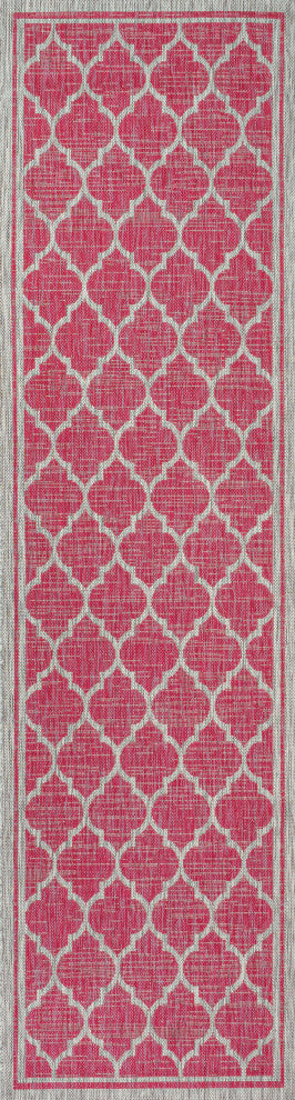 Trebol Moroccan Trellis Textured Weave Indoor/Outdoor, Fuchsia/Light Gray, 2x10