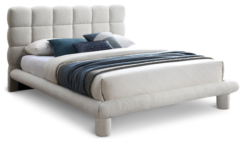 Deco Boucle Fabric Upholstered Full Bed, Cream, King