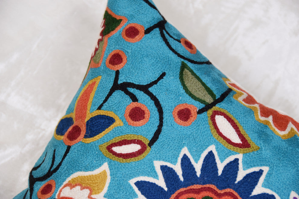 Turquoise Floral Pillow Cover Hand Embroidered Modern Design Wool 18x18
