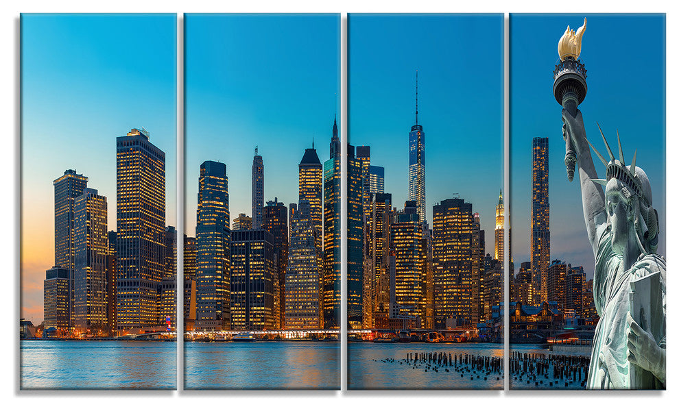 Evening New York City Skyline Panorama, Canvas Print, 48"x28", 4 Panels
