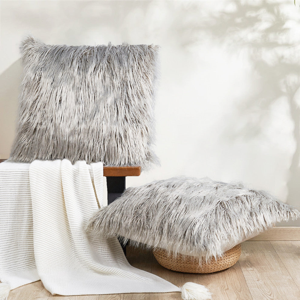 Mongolian Faux Fur Pillow Shell Set, Gray, 26"x26"