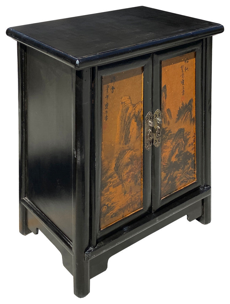 Chinese Distressed Black Yellow Scenery Graphic End Table Nightstand Hcs7341