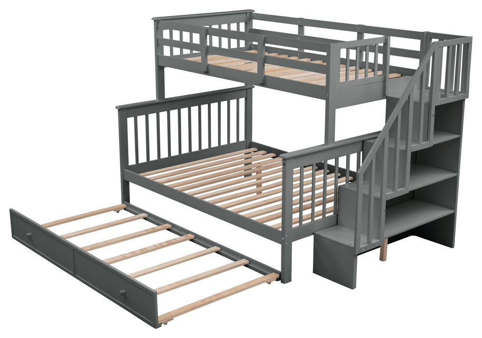 Gewnee Wood Twin-Over-Full Bunk Bed with Trundle and Stairway, Gray