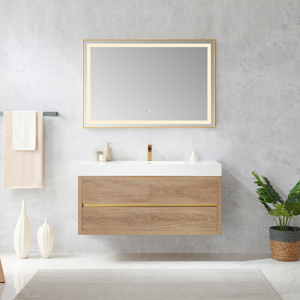 Palencia Floating Bath Vanity With Composite Stone Top, North American Oak, 48", No Mirror