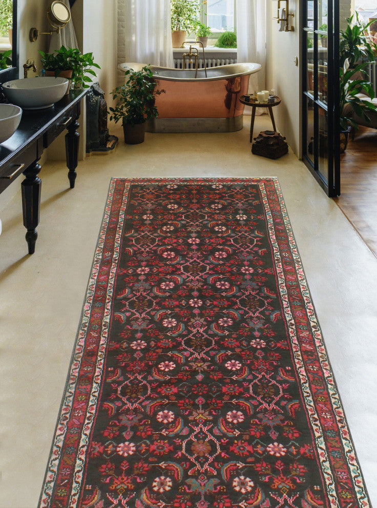 Fine Vintage Distressed Faramarz Charcoal/Red Runner, 3'8x10'0