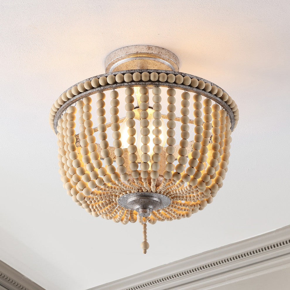 Allie 14" 3-Light Farmhouse Wood Bead/Iron LED Semi Flush Mount, Silver/Taupe