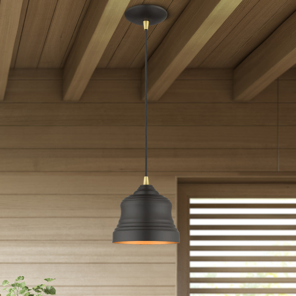 Endicott 1-Light Bronze Mini Bell Pendant, Gold Inside