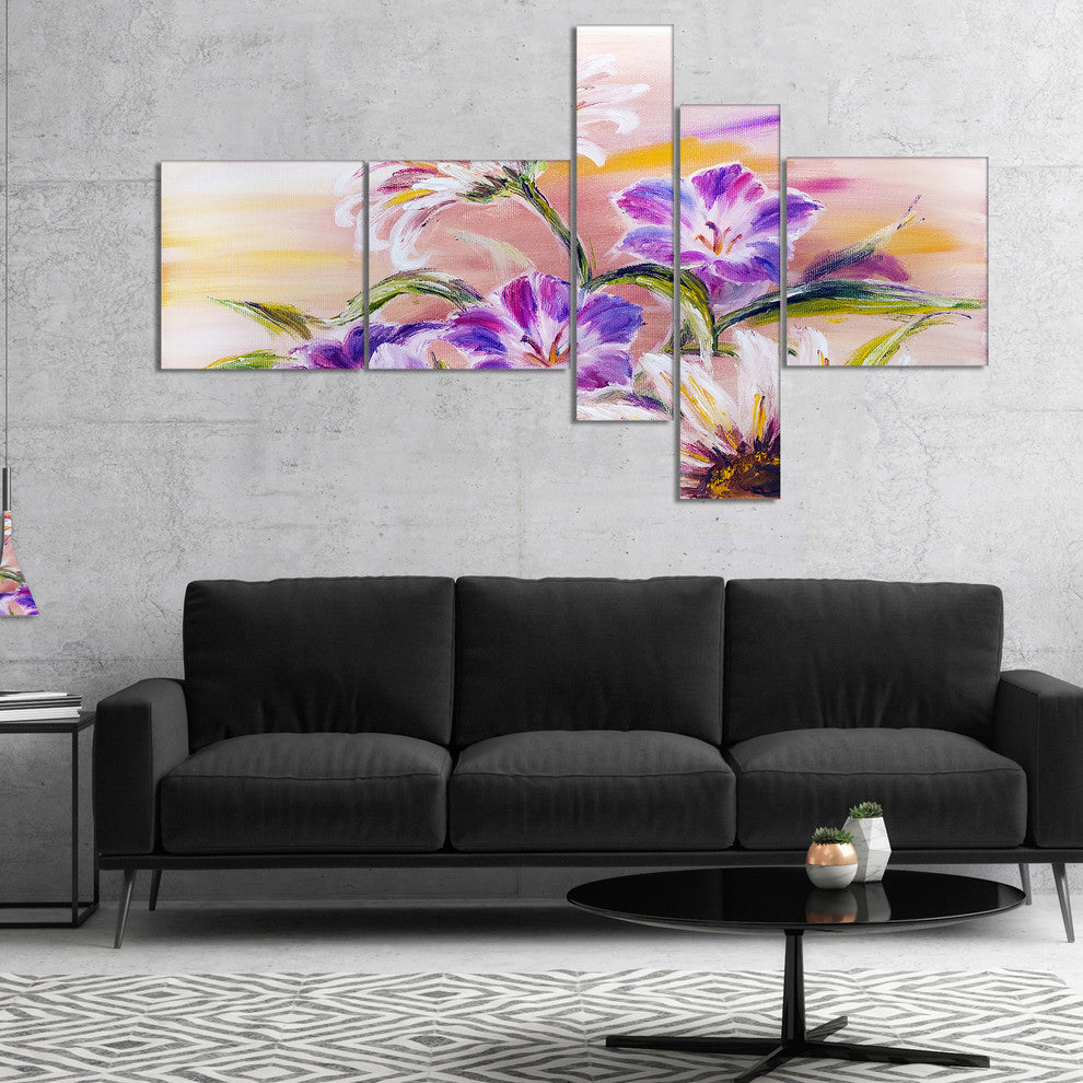 Purple Wildflowers, Floral Art Canvas Print, 60"x32", 5 panels