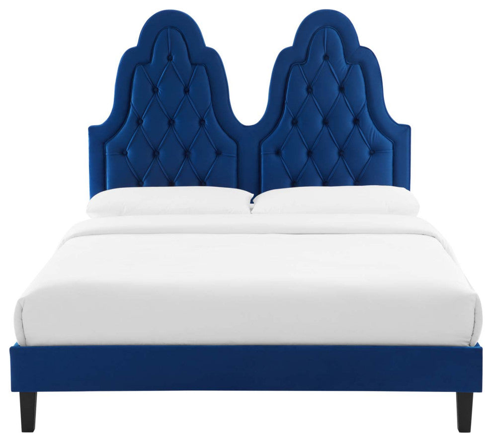 Tufted Platform Bed Frame, Twin Size, Velvet, Blue Navy, Modern Contemporary