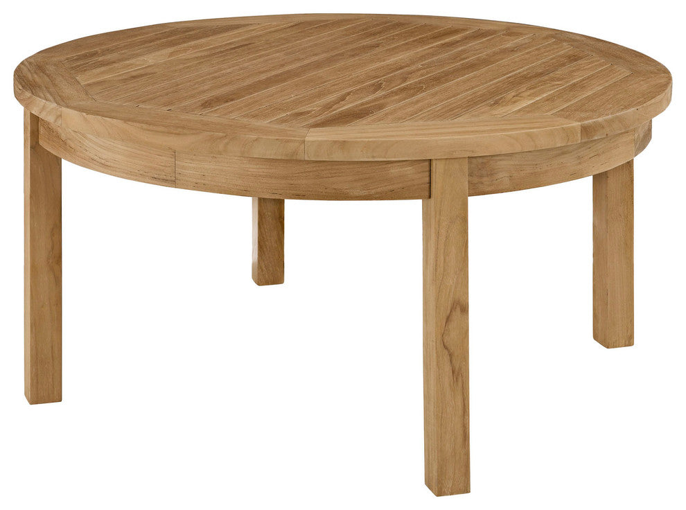 Modern Contemporary Outdoor Patio Teak Round Coffee Table, Natural Wood