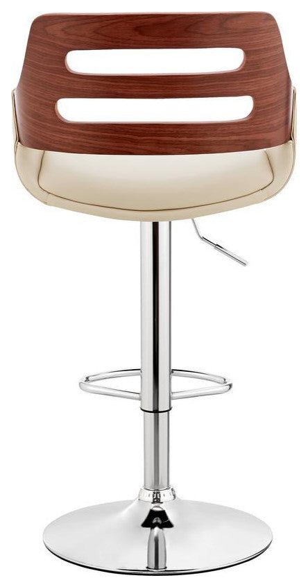 Karter Adjustable Cream Faux Leather and Walnut Wood Bar Stool with Chrome Base